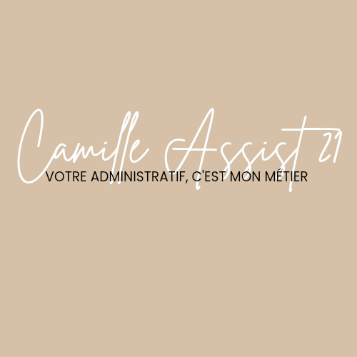 Logo de Camille Assist avec le texte 'Votre administratif, c'est mon métier' sur un fond beige.